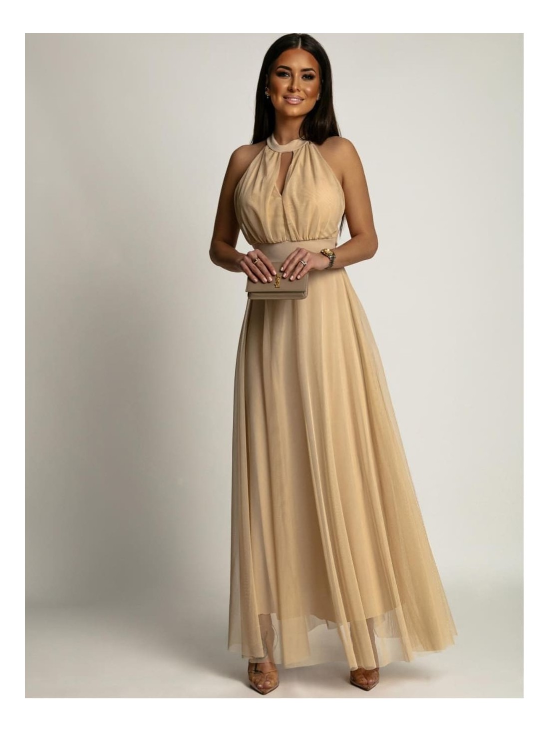 Elegant dress with tulle bottom, beige AZR156